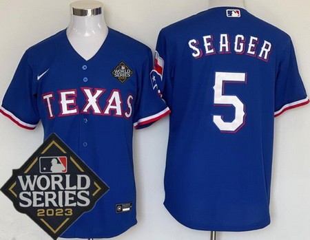 Men's Texas Rangers #5 Corey Seager Royal Team Logo 2023 World Series Cool Base Jersey