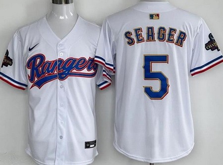 Men's Texas Rangers #5 Corey Seager White 2024 Gold Collection Limited Cool Base Jersey