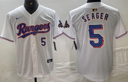 Men's Texas Rangers #5 Corey Seager White 2024 Gold Collection Player Number Limited Cool Base Jersey