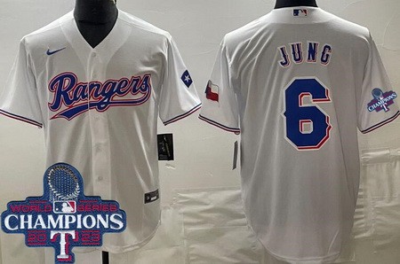 Men's Texas Rangers #6 Josh Jung White White Team Logo 2023 World Series Champions Cool Base Jersey