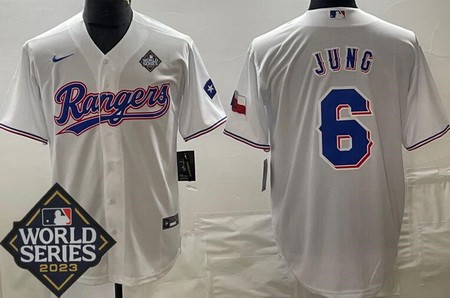 Men's Texas Rangers #6 Josh Jung White White Team Logo 2023 World Series Cool Base Jersey