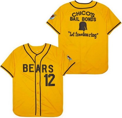 Men's The Bad News Bears #12 Chico's Bail Bonds Let Freedon Ring Gold Baseball Jersey