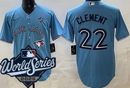 Men's Toronto Blue Jays #22 Ernie Clement Light Blue 2025 World Series Cool Base Jersey