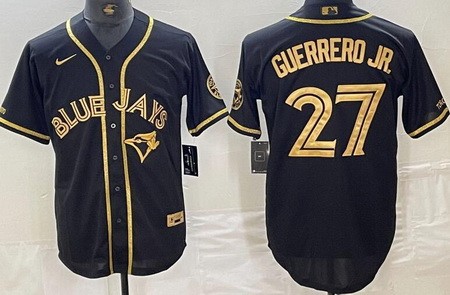 Men's Toronto Blue Jays #27 Vladimir Guerrero Jr Black Gold Cool Base Jersey