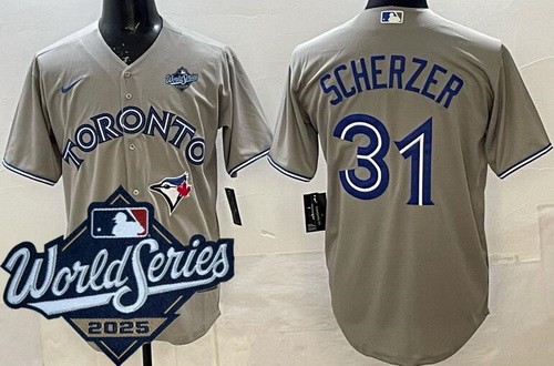 Men's Toronto Blue Jays #31 Max Scherzer Gray 2025 World Series Cool Base Jersey