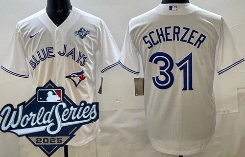 Men's Toronto Blue Jays #31 Max Scherzer White 2025 World Series Cool Base Jersey
