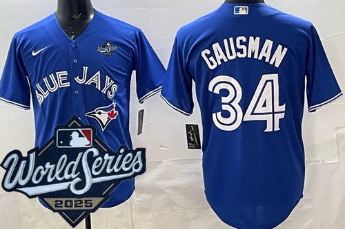 Men's Toronto Blue Jays #34 Kevin Gausman Blue 2025 World Series Cool Base Jersey