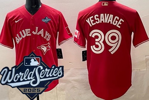 Men's Toronto Blue Jays #39 Trey Yesavage Red 2025 World Series Cool Base Jersey