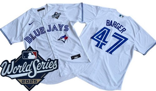 Men's Toronto Blue Jays #47 Addison Barger White 2025 World Series Cool Base Jersey