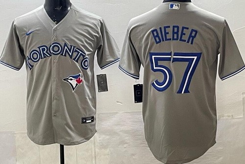 Men's Toronto Blue Jays #57 Shane Bieber Gray Cool Base Jersey