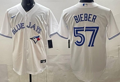Men's Toronto Blue Jays #57 Shane Bieber White Cool Base Jersey
