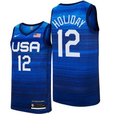 Men's USA #12 Jrue Holiday Blue 2021 Tokyo Olympics Hot Press Basketball Jersey