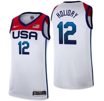 Men's USA #12 Jrue Holiday White 2021 Tokyo Olympics Hot Press Basketball Jersey