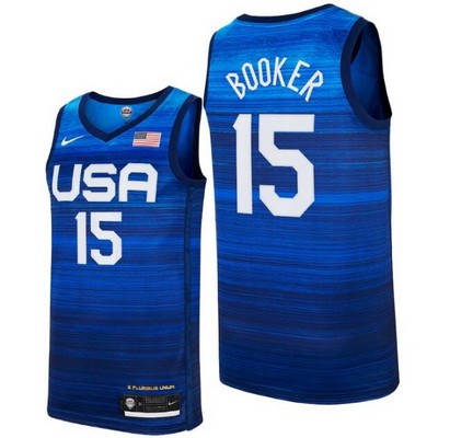 Men's USA #15 Devin Booker Blue 2021 Tokyo Olympics Hot Press Basketball Jersey