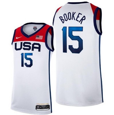 Men's USA #15 Devin Booker White 2021 Tokyo Olympics Hot Press Basketball Jersey