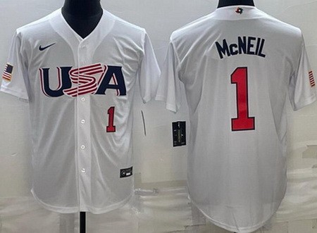 Men's USA #1 Jeff McNeil White Player Number 2023 World Baseball Classic Cool Base Jersey