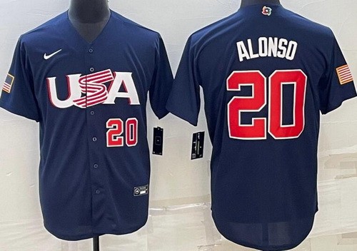 Men's USA #20 Pete Alonso Navy Player Number 2023 World Baseball Classic Cool Base Jersey