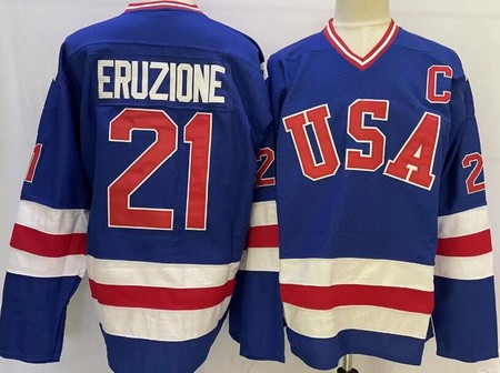 Men's USA #21 Mike Eruzione Blue 1980 Olympics Authentic Jersey