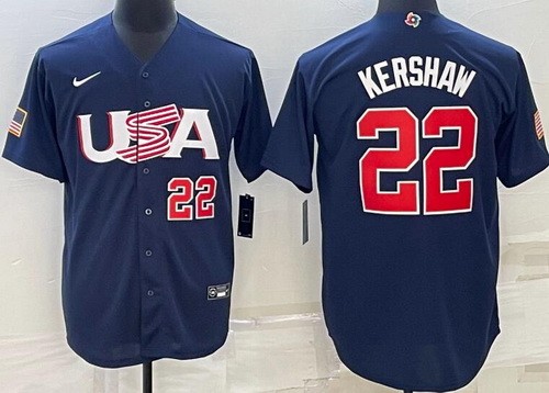 Men's USA #22 Clayton Kershaw Navy Player Number 2023 World Baseball Classic Cool Base Jersey
