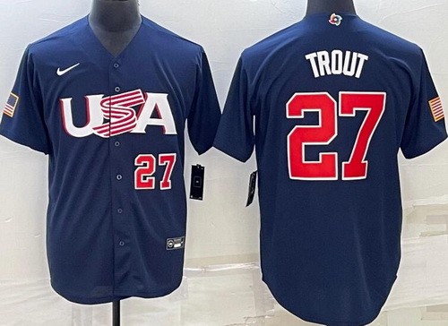 Men's USA #27 Mike Trout Navy Player Number 2023 World Baseball Classic Cool Base Jersey