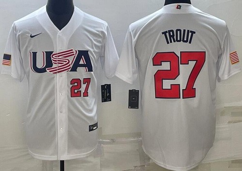 Men's USA #27 Mike Trout White Player Number 2023 World Baseball Classic Cool Base Jersey