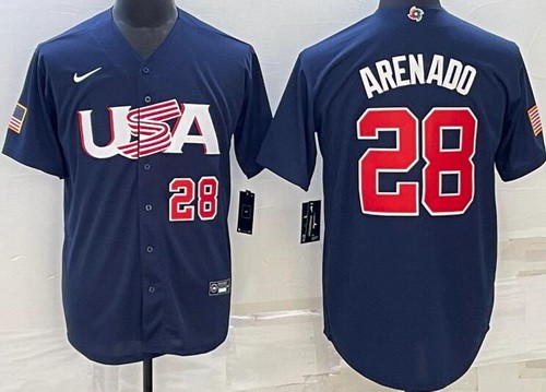 Men's USA #28 Nolan Arenado Navy Player Number 2023 World Baseball Classic Cool Base Jersey