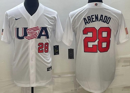 Men's USA #28 Nolan Arenado White Player Number 2023 World Baseball Classic Cool Base Jersey