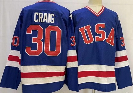 Men's USA #30 Jim Craig Blue 1980 Olympics Authentic Jersey