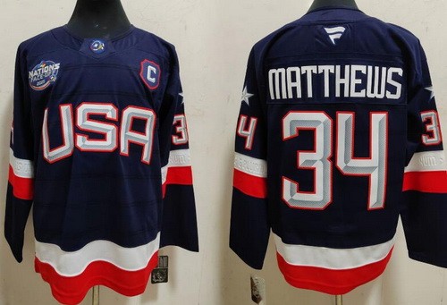 Men's USA #34 Auston Matthews Navy 2025 4 Nations Face Off Authentic Jersey