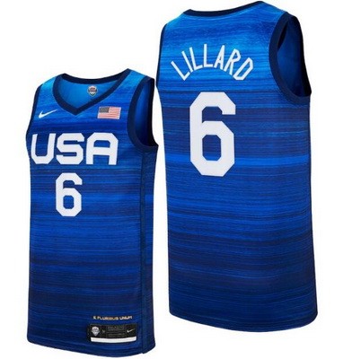 Men's USA #6 Damian Lillard Blue 2021 Tokyo Olympics Hot Press Basketball Jersey