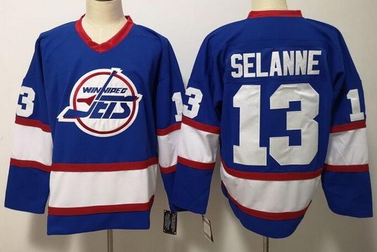 Men's Winnipeg Jets #13 Teemu Selanne Blue Throwback Jersey