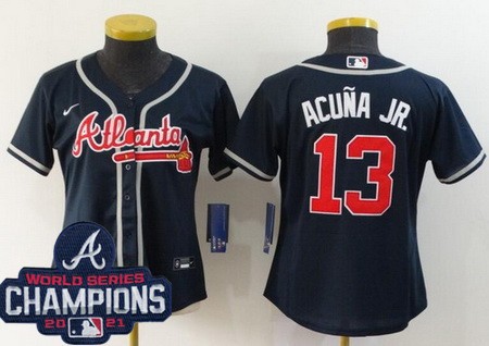 Women's Atlanta Braves #13 Ronald Acuna Jr Navy 2021 World Series Champions Cool Base Jersey