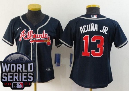 Women's Atlanta Braves #13 Ronald Acuna Jr Navy 2021 World Series Cool Base Jersey