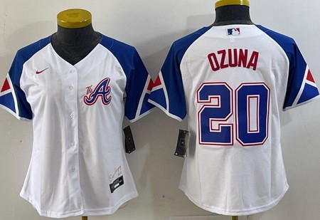 Women's Atlanta Braves #20 Marcell Ozuna White City Cool base Jersey