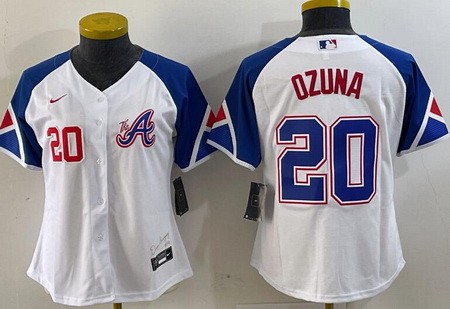 Women's Atlanta Braves #20 Marcell Ozuna White City Player Number Cool base Jersey