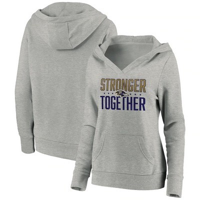 Women's Baltimore Ravens Heather Gray Stronger Together Crossover Neck Printed Pullover Hoodie 0704