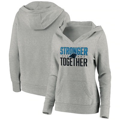 Women's Carolina Panthers Heather Gray Stronger Together Crossover Neck Printed Pullover Hoodie 0725