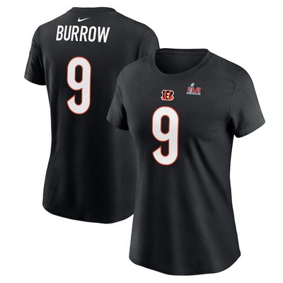 Women's Cincinnati Bengals #9 Joe Burrow Black Super Bowl LVI Bound T-Shirt