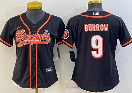 Women's Cincinnati Bengals #9 Joe Burrow Limited Black Baseball Jersey
