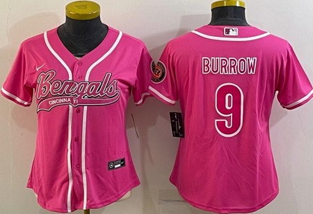 Women's Cincinnati Bengals #9 Joe Burrow Limited Pink Baseball Jersey
