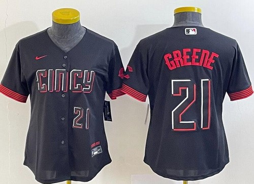 Women's Cincinnati Reds #21 Hunter Greene Black 2023 City Player Number Cool Base Jersey