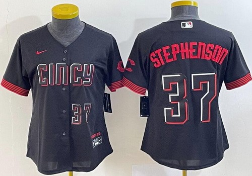 Women's Cincinnati Reds #37 Tyler Stephenson Black 2023 City Player Number Cool Base Jersey