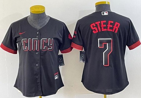Women's Cincinnati Reds #7 Spencer Steer Black 2023 City Connect Cool Base Jersey