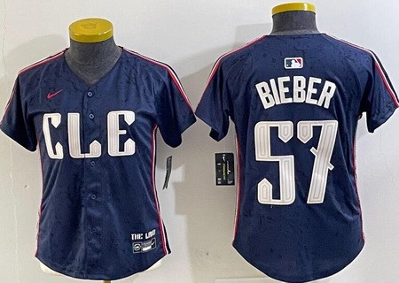 Women's Cleveland Guardians #57 Shane Bieber Navy 2024 City Connect Limited Jersey