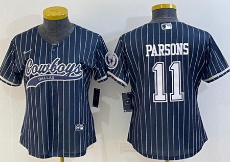 Women's Dallas Cowboys #11 Micah Parsons Limited Navy Stripes Baseball Jersey