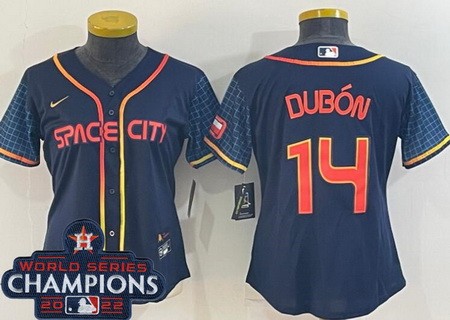 Women's Houston Astros #14 Mauricio Dubon Navy City 2022 World Series Champions Cool Base Jersey