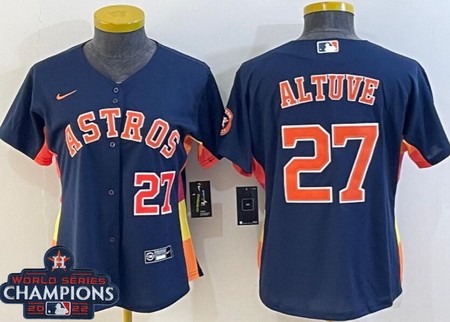 Women's Houston Astros #27 Jose Altuve Navy Player Number Team Logo 2022 World Series Champions Cool Base Jersey