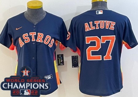 Women's Houston Astros #27 Jose Altuve Navy Team Logo 2022 World Series Champions Cool Base Jersey