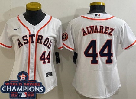 Women's Houston Astros #44 Yordan Alvarez White Player Number Team Logo 2022 World Series Champions Cool Base Jersey