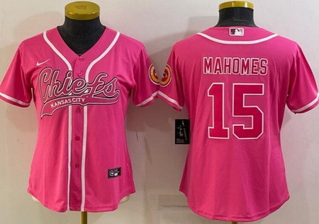 Women's Kansas City Chiefs #15 Patrick Mahomes Limited Pink Red Baseball Jersey